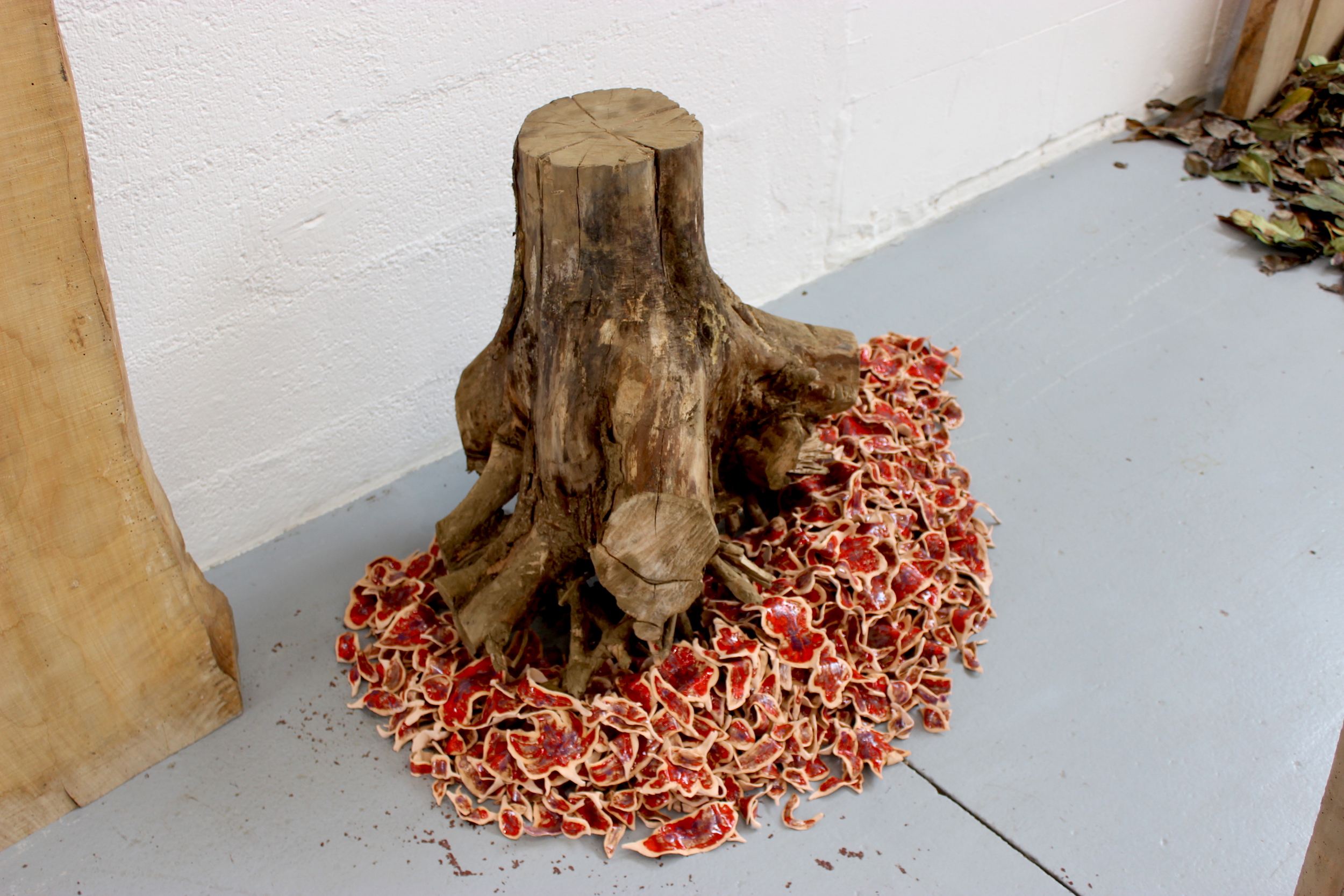 un tas de feuilles en céramiques rouge vif au pieds d'une souche d'arbre dans une salle d'exposition au sol en béton gris