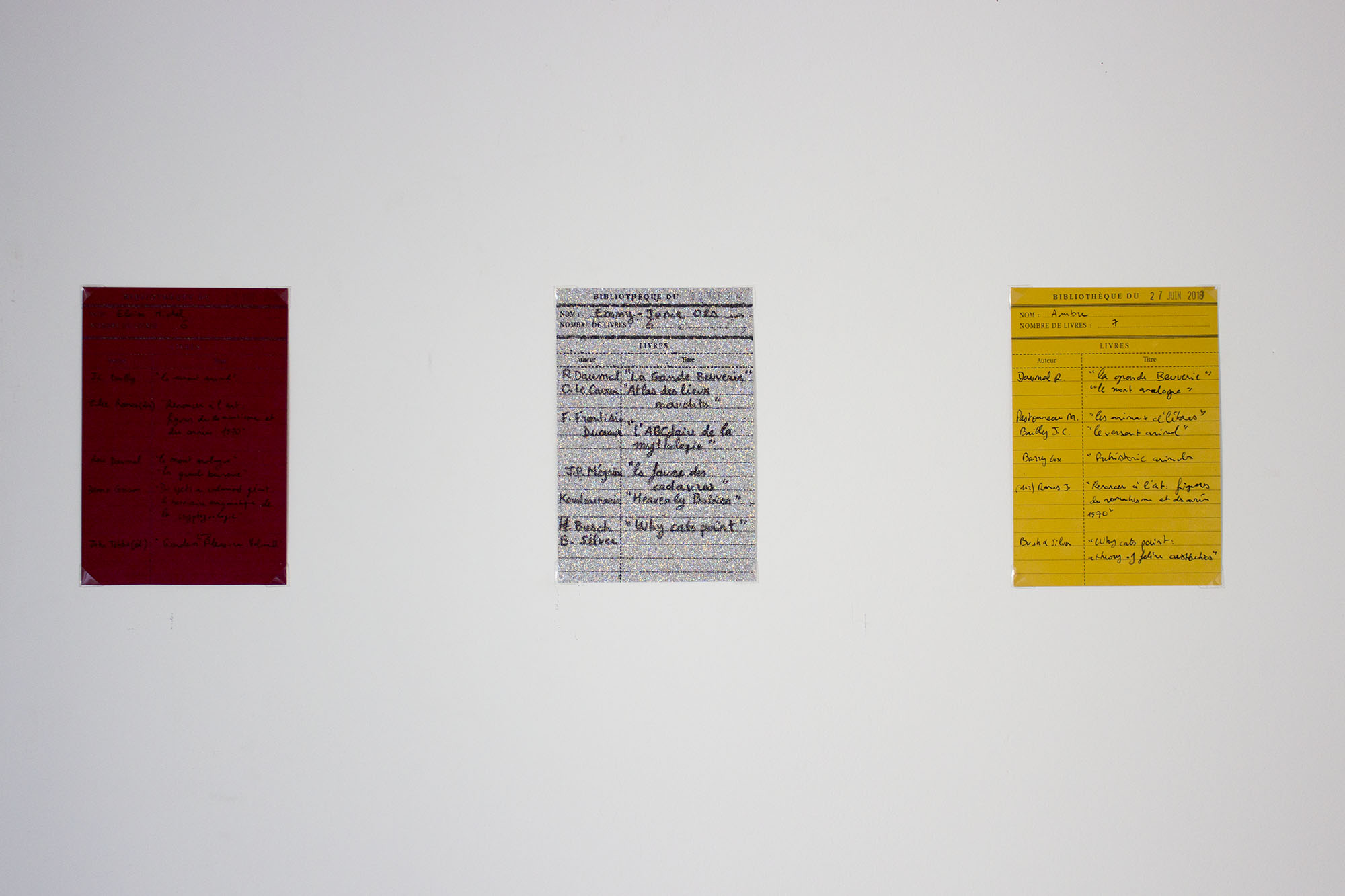 Gros plan sur 3 fiches accrochées au mur. L'une est rouge, l'autre est grise pailletée et l'autre est dorée. Ce sont des fiches de bibliothèque avec une liste de livres, des dates et le nom des lecteurs.