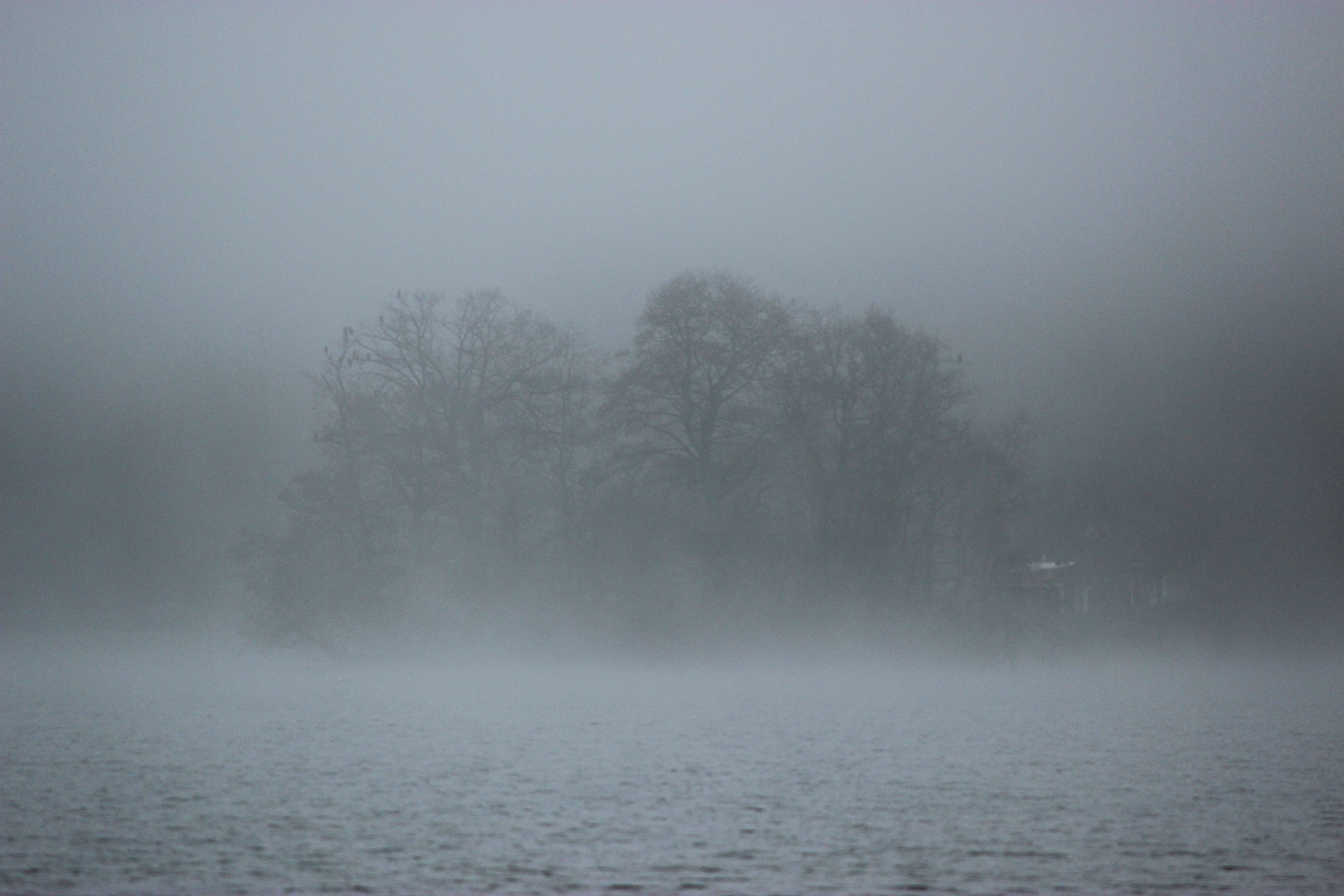 D'après les peinture des Bocklin, les îles des morts, photographie d'une île au milieu d'un lac dans la brume du matin.