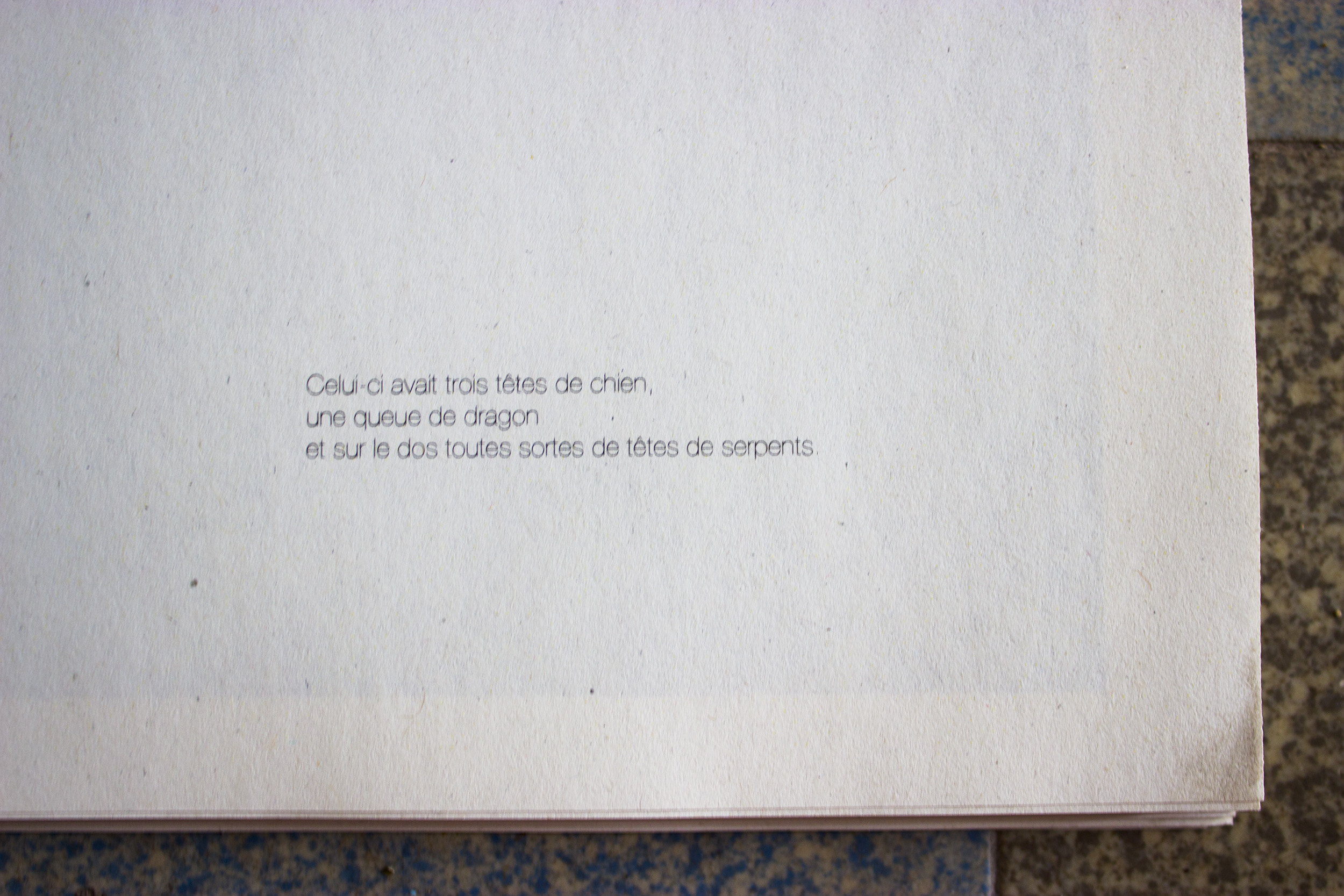 sur le tas de feuille blanche, on voit marqué dans un angle : Celui-ci avait trois têtes de chien, une queue de dragon et sur le dos toutes sortes de têtes de serpents.